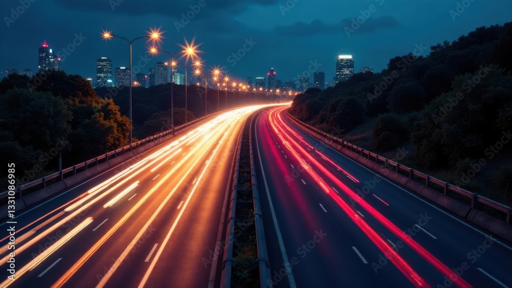Nighttime Highway with City Skyline in the Distance, Illuminating the Road with Streaks of Light from Passing Vehicles Nighttime Highway with City Skyline in the Distance, Illuminating the Road with Streaks of Light from Passing Vehicles