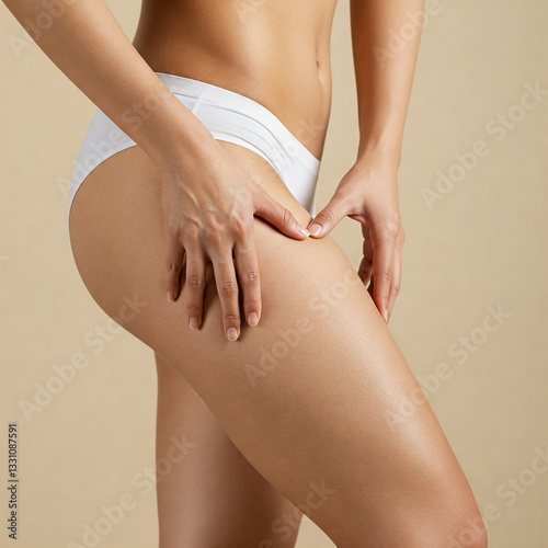 Closeup of cropped shot of young lady massaging pinching her thigh, examining cellulite, wearing white panties isolated on beige background.