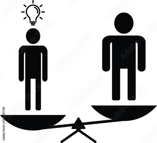 Man with idea on scales, vector business concept illustration. black color