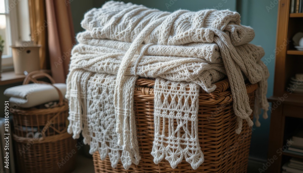 Obraz premium Cozy Knit Blankets Stacked Neatly in a Woven Basket at Home