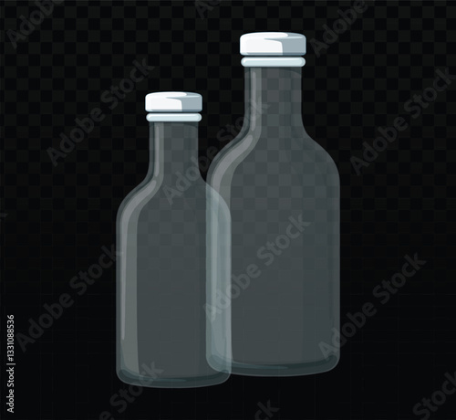 Two empty glass bottles vector, different sizes.  Realistic, transparent bottles with white caps.  Dark background overlay.  Simple, clean design.  Perfect for mockups, product packaging visuals