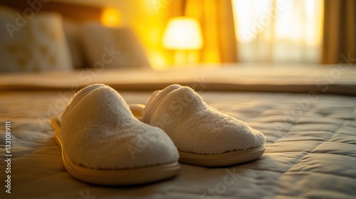 Cozy White Slippers on Soft Bedding in Warm Hotel Room Lighting