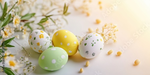 Four uniquely designed eggs are displayed on a table, celebrating the spirit of Easter.