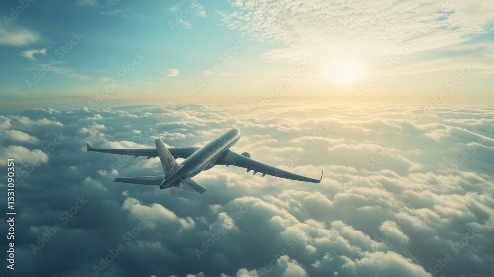 A futuristic hydrogen powered airplane flying above the clouds representing the next generation of sustainable air travel A futuristic hydrogen powered airplane flying above the clouds representing the next generation of sustainable air travel