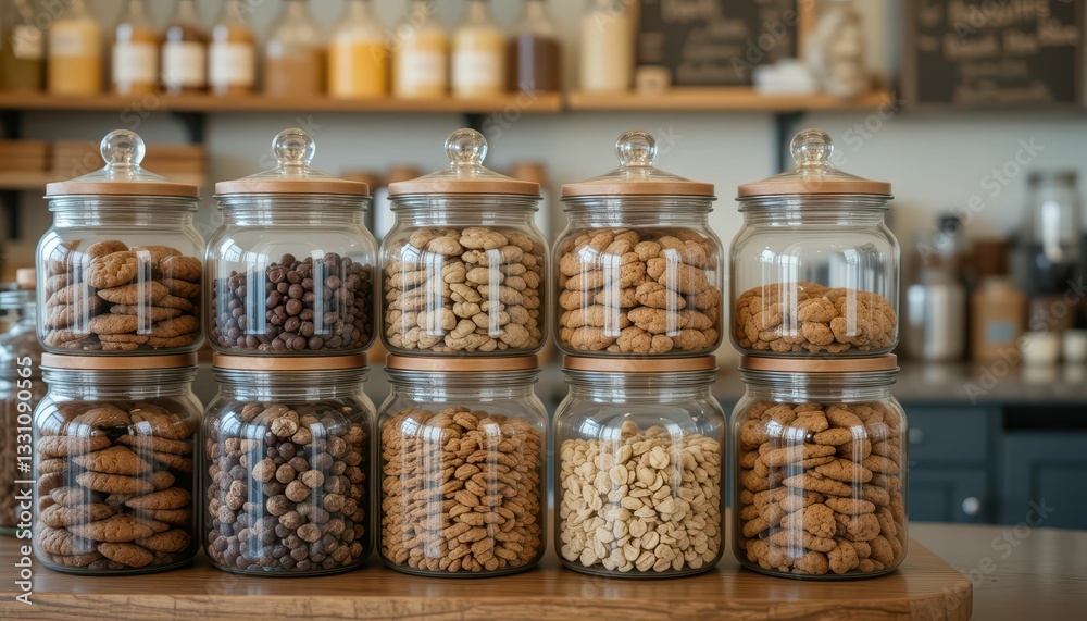 Assorted Transparent Jars Filled with Cookies and Snacks on Display Assorted Transparent Jars Filled with Cookies and Snacks on Display