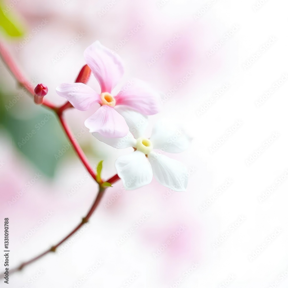 Delicate jasmine flower blooms on a slender stem, floral, botanical, white background Delicate jasmine flower blooms on a slender stem, floral, botanical, white background