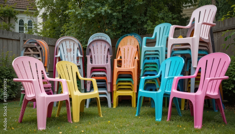 Colorful Stacked Plastic Chairs in a Garden Setting Colorful Stacked Plastic Chairs in a Garden Setting