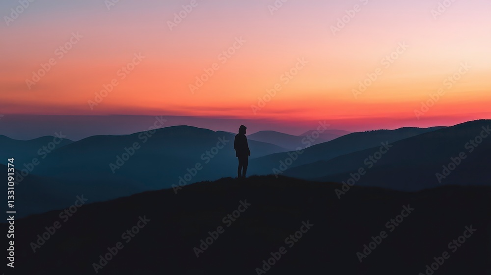 Solitary Figure Silhouetted Against a Vibrant Sunset Over Majestic Mountains Solitary Figure Silhouetted Against a Vibrant Sunset Over Majestic Mountains