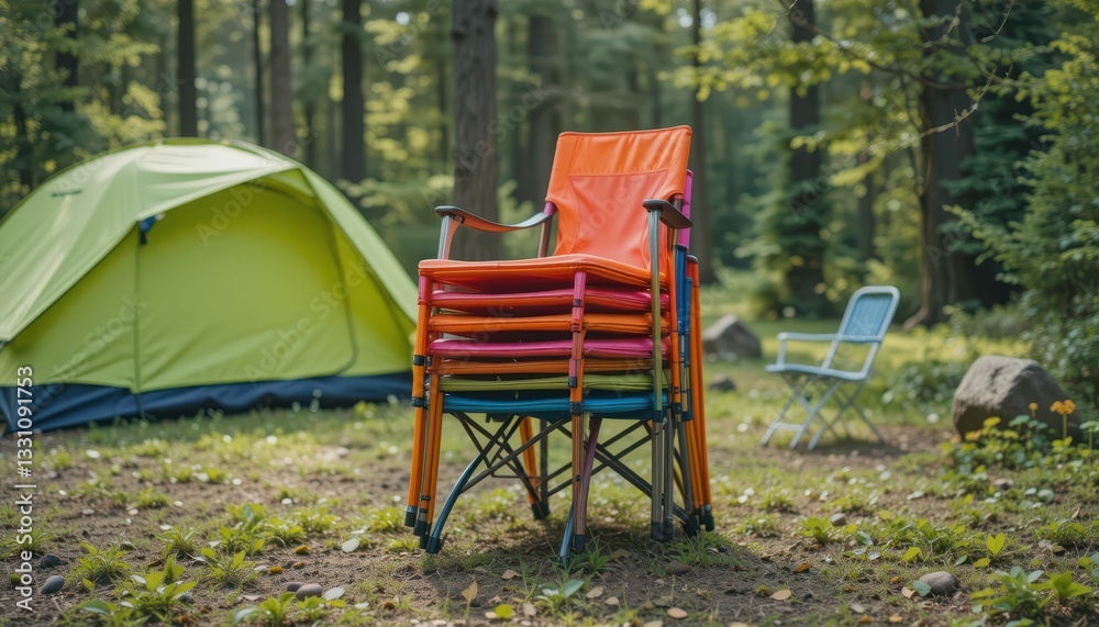 Colorful Camping Chairs Stacked Near Green Tent in Forest Setting Colorful Camping Chairs Stacked Near Green Tent in Forest Setting