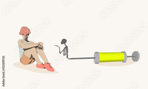 Unhappy woman sitting on floor. Skeleton crawls out of syringe. Abstract image relative to drugs addiction. Pharmacy and medicaments.
