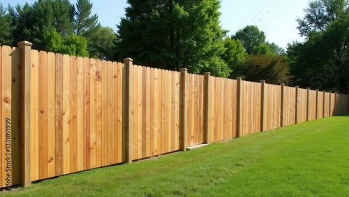 A tall wooden coyote fence stands in a backyard, providing privacy and security with lush green grass and trees in the background.