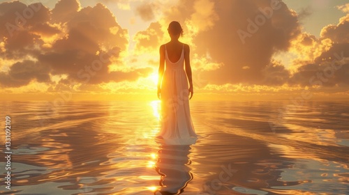 Woman in White Dress Standing in Water at Golden Sunset Scene