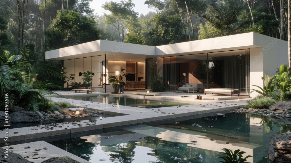 Fototapeta premium Modern Eco-Friendly House Surrounded by Lush Green Tropical Nature