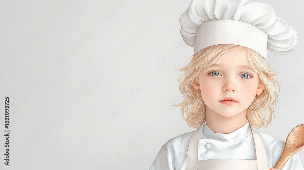 watercolor illustration of young blond haired boy wearing chef hat and apron, holding wooden spoon, with soft and serene expression against light background watercolor illustration of young blond haired boy wearing chef hat and apron, holding wooden spoon, with soft and serene expression against light background