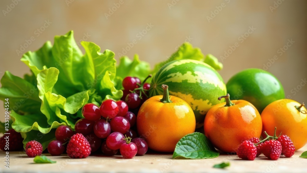 A vibrant still life featuring an assortment of fresh produce, including juicy red grapes, ripe raspberries, crisp lettuce, and colorful miniature gourds. A vibrant still life featuring an assortment of fresh produce, including juicy red grapes, ripe raspberries, crisp lettuce, and colorful miniature gourds.