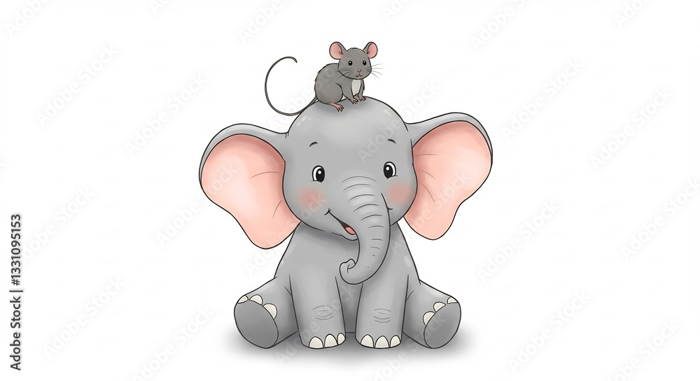 Cute baby elephant patiently sits supporting tiny mouse friend. AI Generated Cute baby elephant patiently sits supporting tiny mouse friend. AI Generated