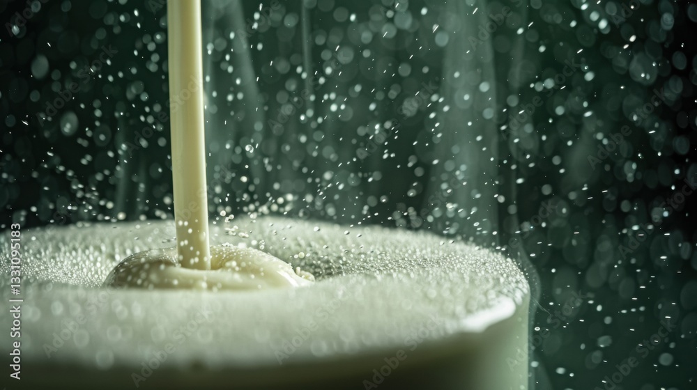 Creamy Milk Pouring with Splash Effects in Dark Background Creamy Milk Pouring with Splash Effects in Dark Background