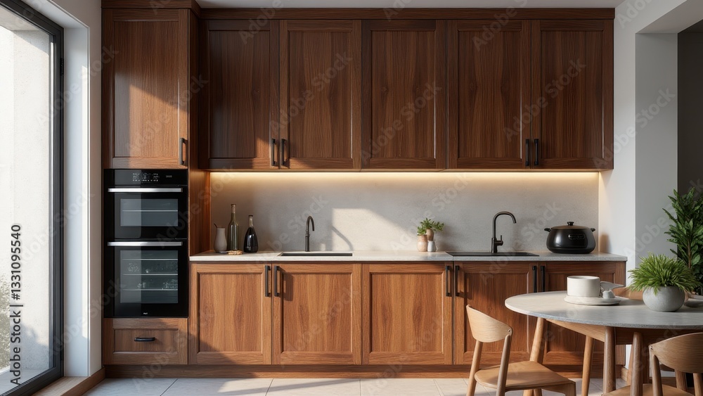 Fototapeta premium Modern kitchen with dark wood cupboards, double oven, and under-cabinet lighting.