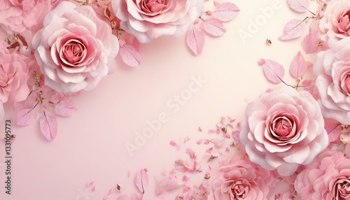 Illustration of rose frame on pink background. Wedding, Valentine's Day, Mother's Day Concept.