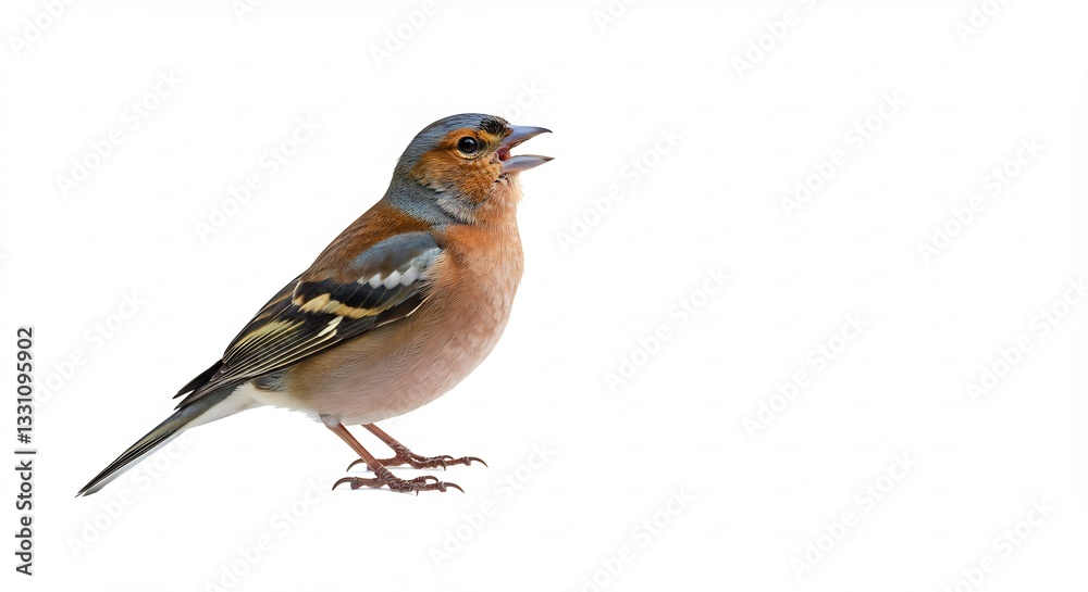 Fototapeta premium Cheerful brown bird sings sweetly against bright white background. AI Generated