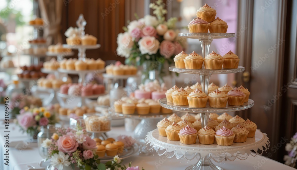 Elegant Dessert Table with Cupcakes and Floral Arrangements Elegant Dessert Table with Cupcakes and Floral Arrangements