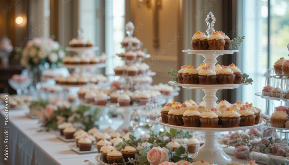 Elegant Dessert Table Display at a Celebration Event with Cupcakes Elegant Dessert Table Display at a Celebration Event with Cupcakes