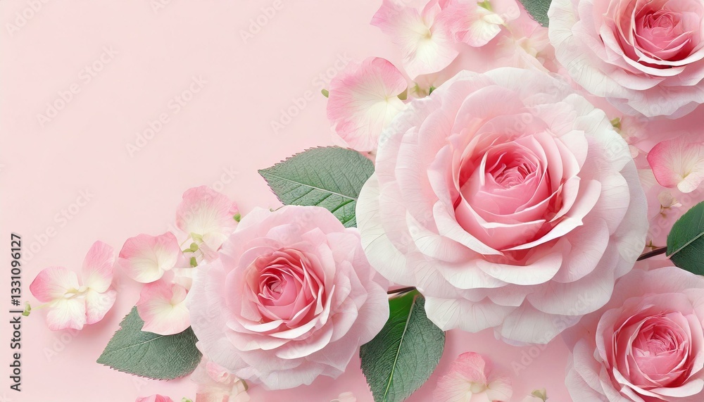 Fototapeta premium Illustration of rose frame on pink background. Wedding, Valentine's Day, Mother's Day Concept.
