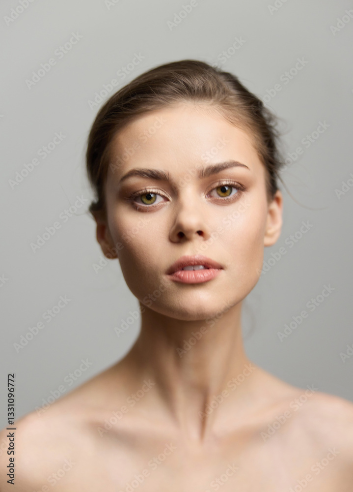 Elegant young woman with natural makeup and long hair, standing against a soft gray background. Beauty and portrait photography concept. Elegant young woman with natural makeup and long hair, standing against a soft gray background. Beauty and portrait photography concept.