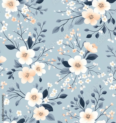 Floral seamless pattern with pastel blue and peach flowers on a light background