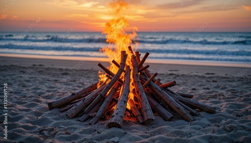 Fototapeta premium Cozy Beach Bonfire at Sunset Over Calm Ocean Waves