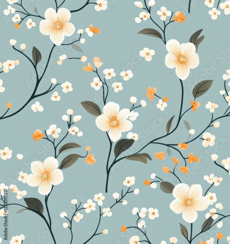 Floral seamless pattern with pastel blue and peach flowers on a light background
