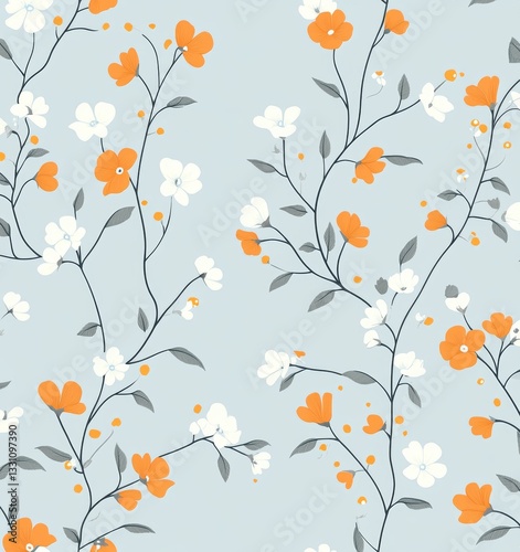 Floral seamless pattern with pastel blue and peach flowers on a light background