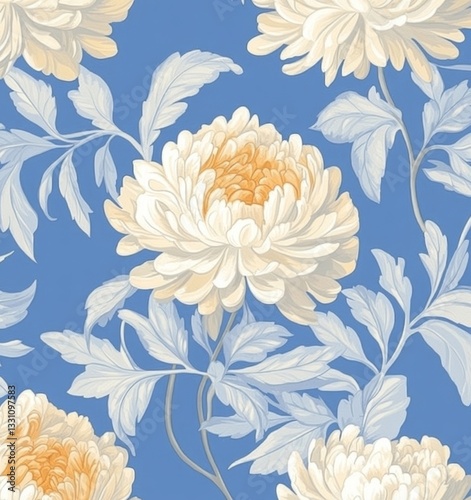 Floral seamless pattern with pastel blue and peach flowers on a light background