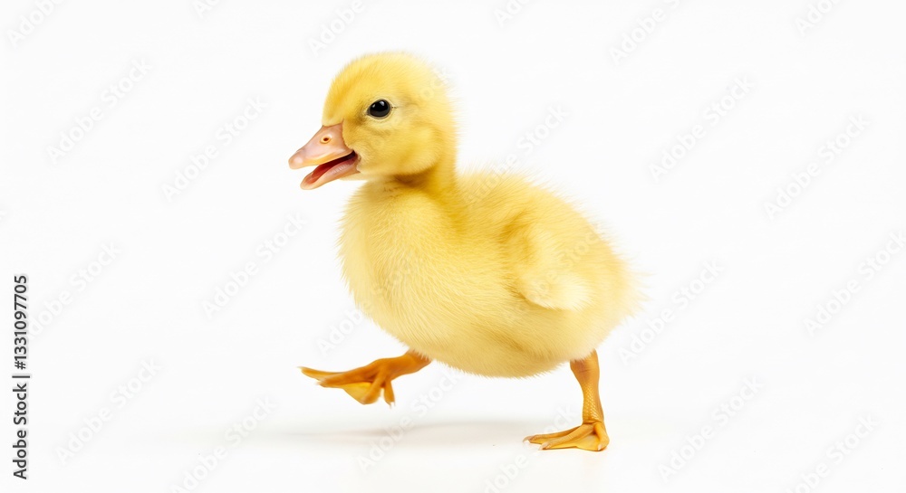 Fluffy yellow duckling waddles playfully against bright white background. AI Generated Fluffy yellow duckling waddles playfully against bright white background. AI Generated