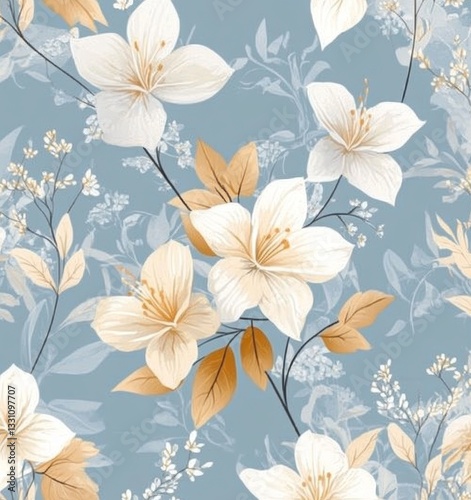 Floral seamless pattern with pastel blue and peach flowers on a light background