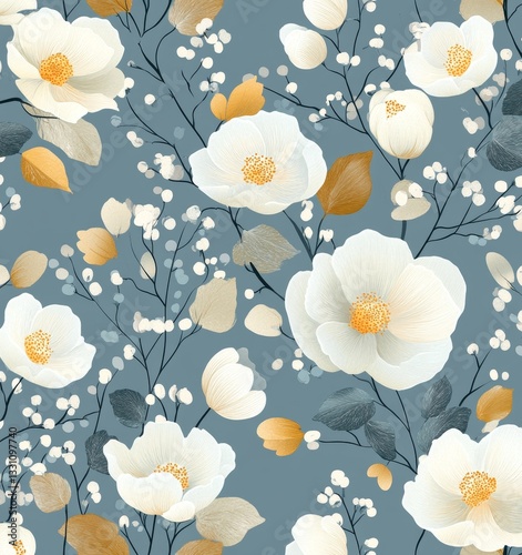 Floral seamless pattern with pastel blue and peach flowers on a light background