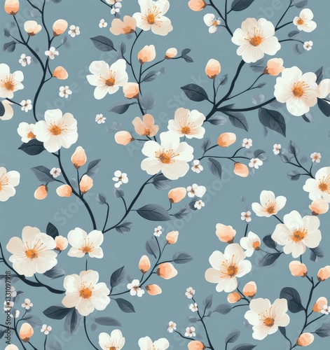 Floral seamless pattern with pastel blue and peach flowers on a light background
