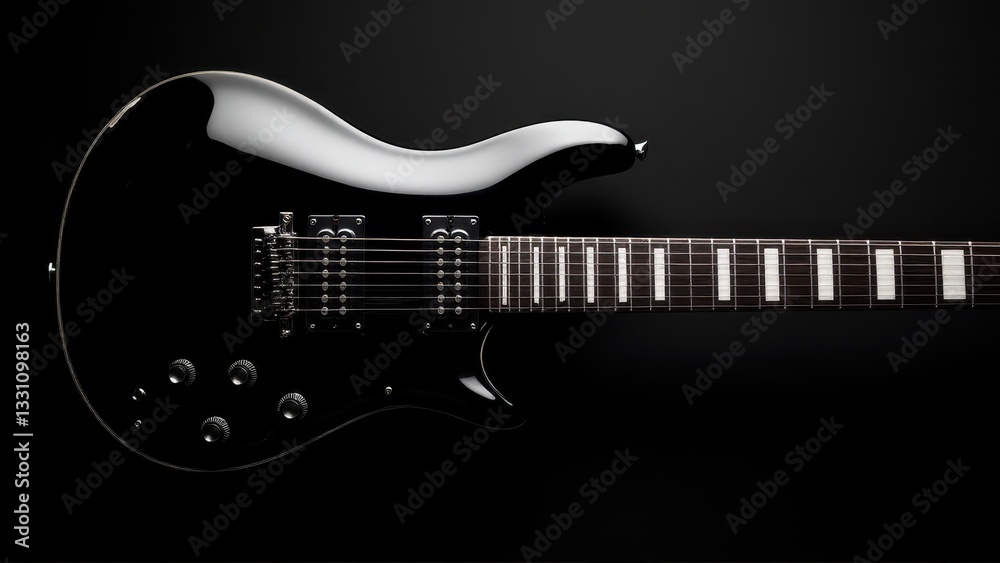Obraz premium A sleek electric black guitar with dual humbucker pickups and a glossy finish, perfect for rock and metal music.