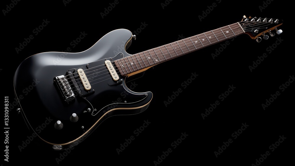Obraz premium A sleek electric black guitar with a glossy finish, dual humbucker pickups, and a rosewood fretboard.