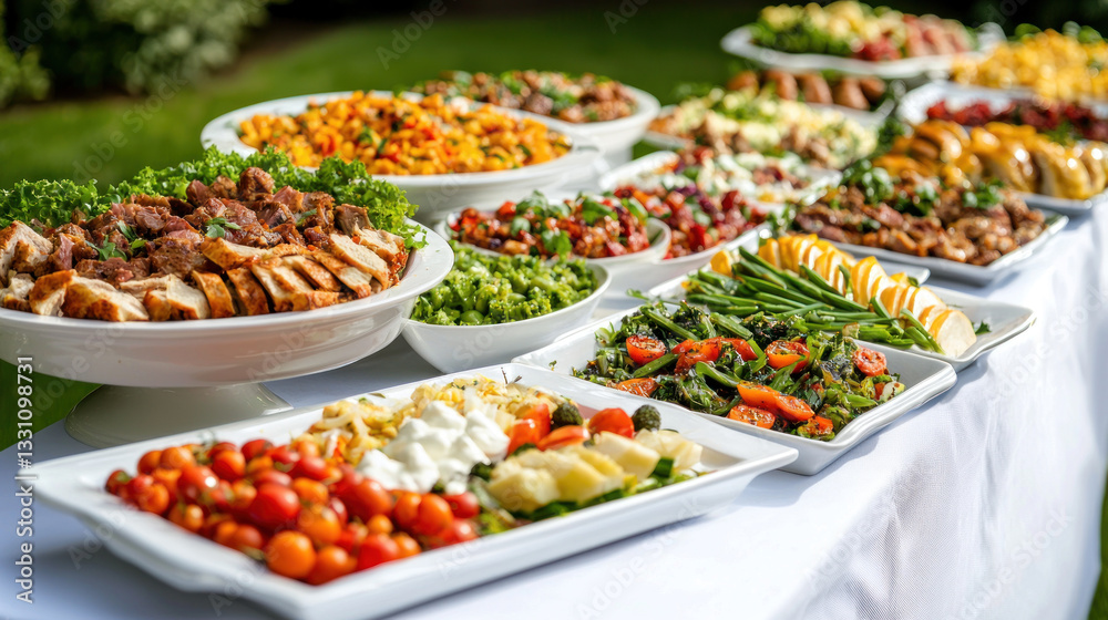 vibrant garden party buffet with diverse dishes on white tablecloth