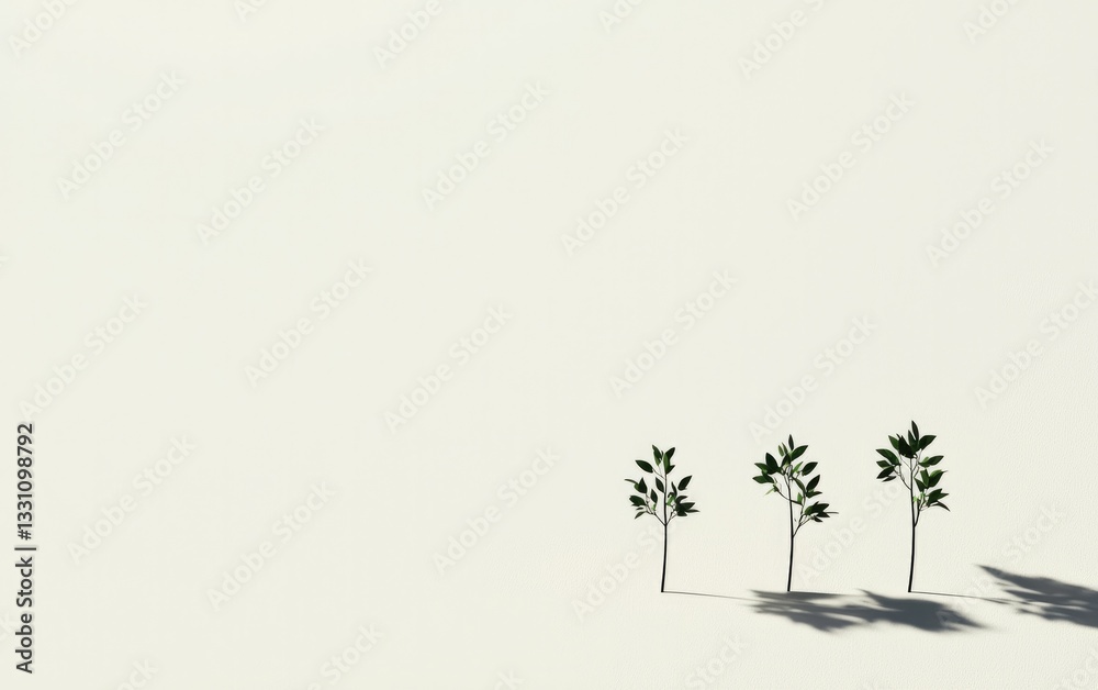Obraz premium Three Small Green Trees In Snowy White Landscape