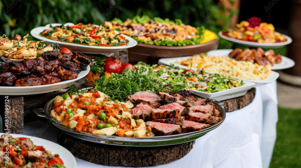 picturesque garden party with tables laden with diverse dishes and vibrant salads picturesque garden party with tables laden with diverse dishes and vibrant salads