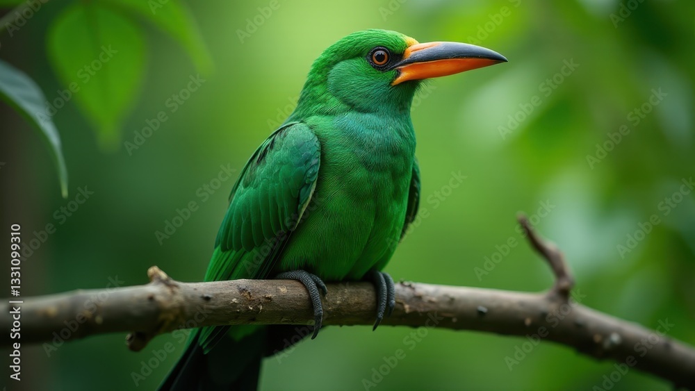 Obraz premium An emerald toucanet perched on a branch, showcasing its vibrant green plumage and striking orange beak.