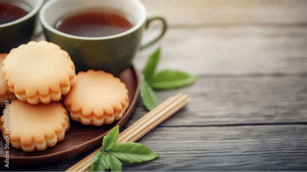 Cozy Afternoon Tea with Cookies and Green Cups on Wooden Table Cozy Afternoon Tea with Cookies and Green Cups on Wooden Table