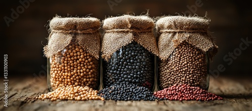 Fototapeta Naklejka Na Ścianę i Meble -  Three glass jars filled with different types of seeds on a wooden surface.