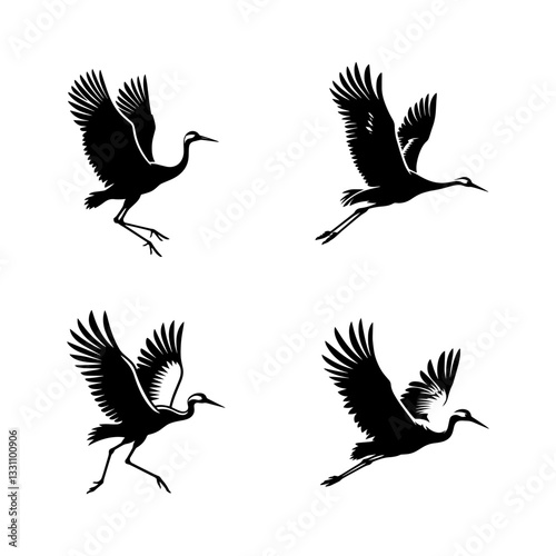 Graceful Flying Crane Bird Silhouette Vector Set – High-Quality Avian Illustrations for Nature and Wildlife Designs