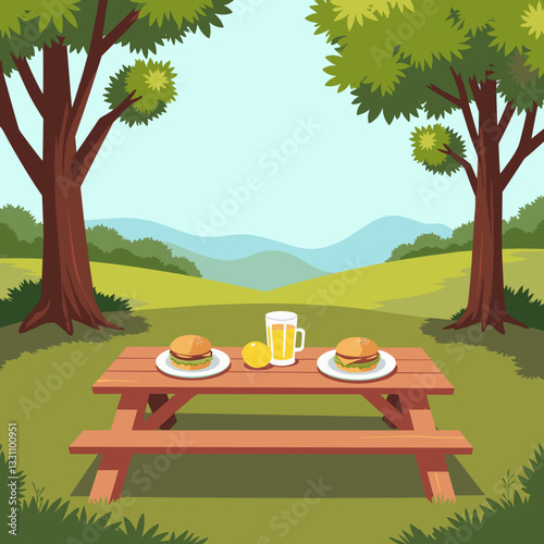 Picnic table set with sandwiches and lemonade in nature, outdoor leisure