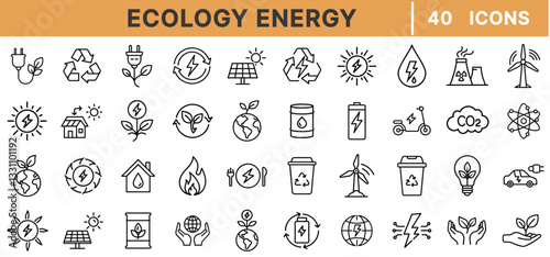 Ecology Energy Line Icons Set – Renewable Energy, Sustainable Power, Recycling, Green Technology, Solar, Wind, Electric Vehicles, and Eco-Friendly Solutions
