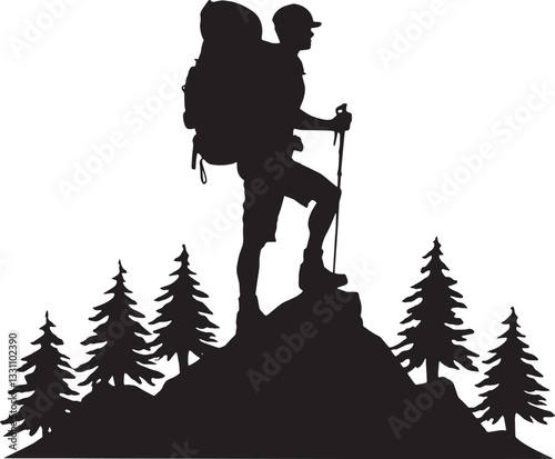 A hiker man with a backpack in a cap on top of the mountain, a black silhouette