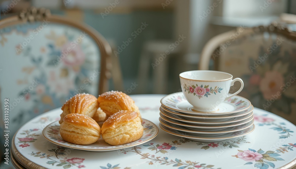 Elegant Afternoon Tea Setting with Pastries and Floral Decor Elegant Afternoon Tea Setting with Pastries and Floral Decor
